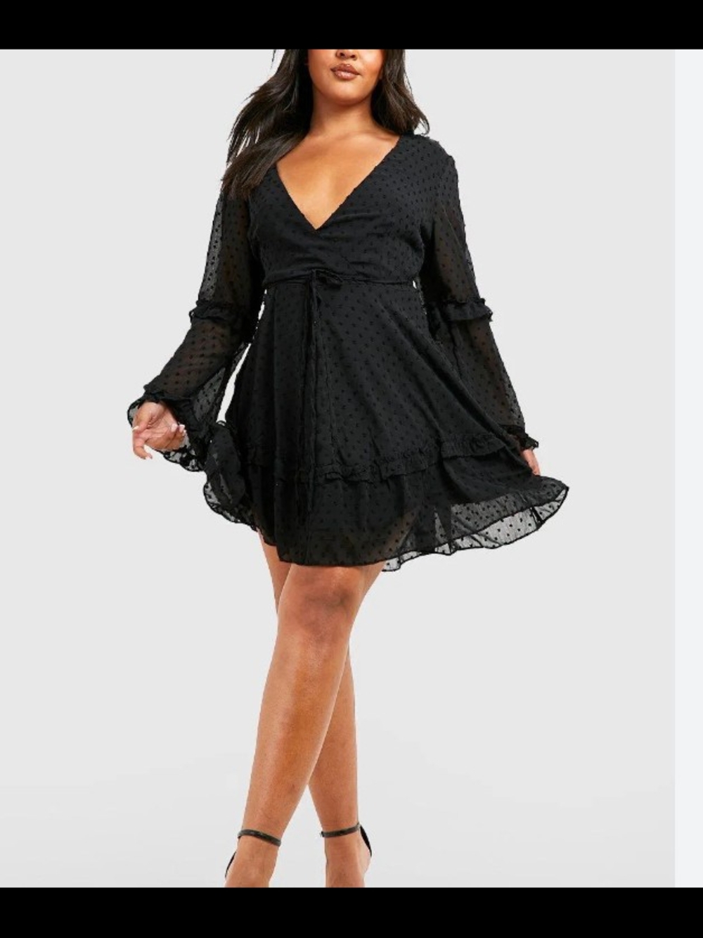 Boohoo Black Chiffon Swiss Dot Long Sleeve Mini Dress Babydoll Coquette Size 22